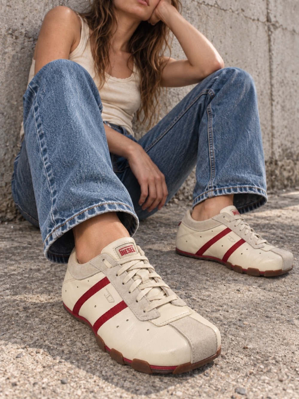 Vintage Y2K Diesel Evelyn Cream Red Square Toe Sneakers Shoes size Women’s US 7